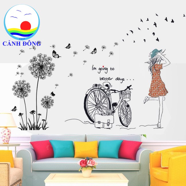 Decal dán tường hoa bồ công anh và cô gái combo trang trí lãng mạn