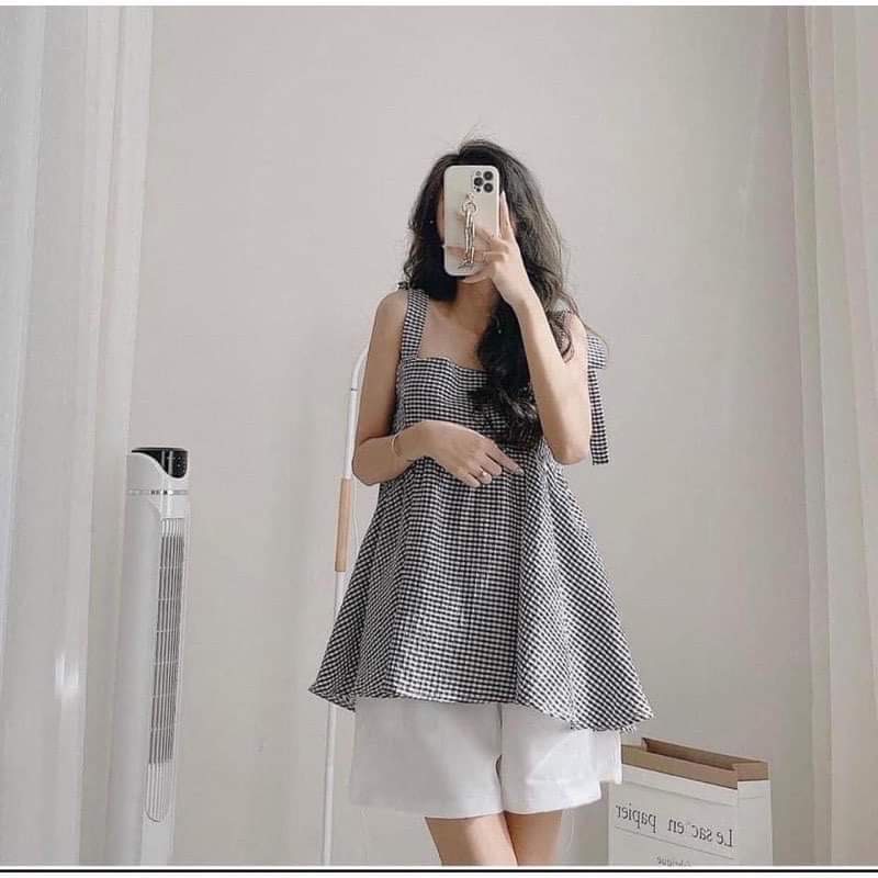 Sét Bộ 2 Dây Nơ Vai Kẻ Chất Xốp Kèm Quần Short, Sét Bộ Ngủ Babydoll Cute