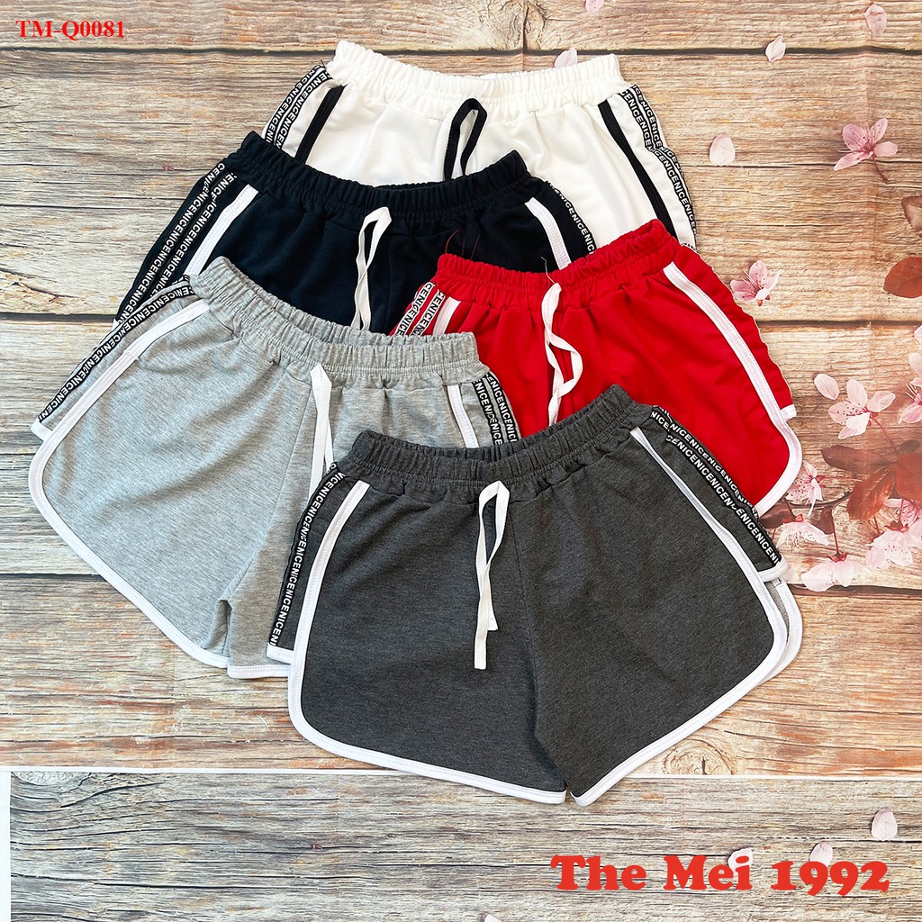 Quần đùi short nữ THE MEI 1992 cao cấp - Quần sooc nữ cạp chun chất Umi thể thao dáng hộp viền chữ siêu xinh