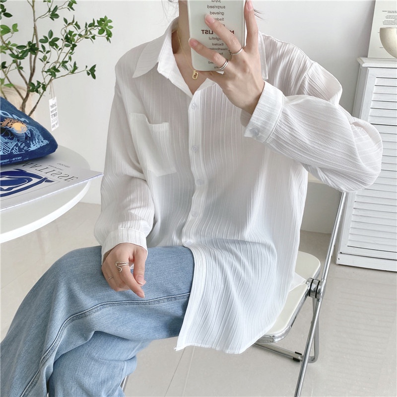 Áo Sơ mi nữ dài tay form rộng chất đũi nhăn kẻ sọc chất đẹp nhiều màu trơn HotHit. Áo sơ mi basic kẻ sọc cổ đức dáng rộn