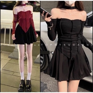 Set Lea áo ôm body trễ bẹt vai dài tay kèm chân váy xoè dáng ngắn tiểu thư - by SGGz