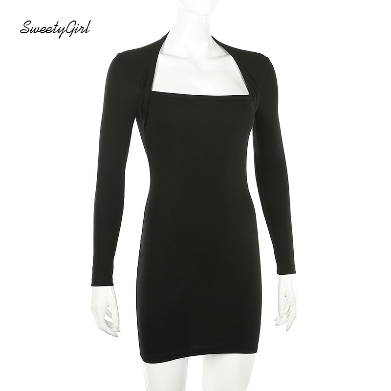 Đầm Ôm Cổ Vuông Tay Dài Màu Trơn Thời Trang Dành Cho Nữ