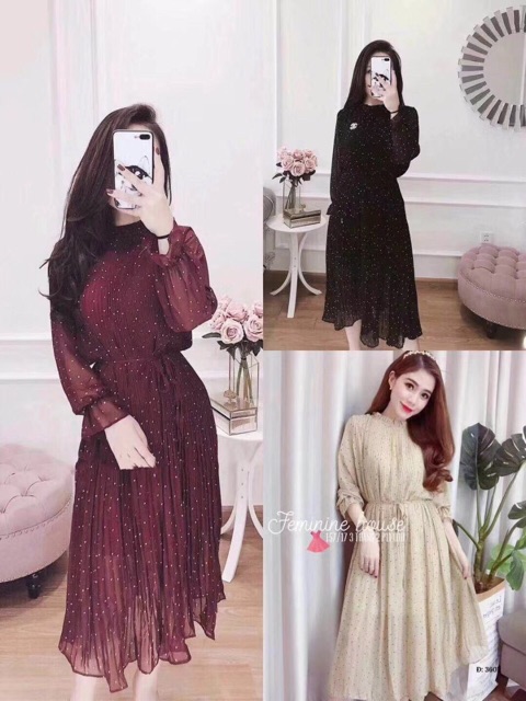 VÁY BẦU THỜI TRANG DÁNG DÀI XẾP LI CÔNG SỞ dài tay