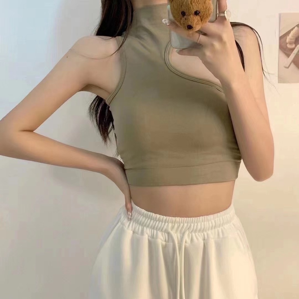 Porozi  Áo croptop sát nách cổ lọ  thiết kế bất đối xứng có đệm ngực phong cách thời trang Hàn Quốc quyến rũ cho nữ