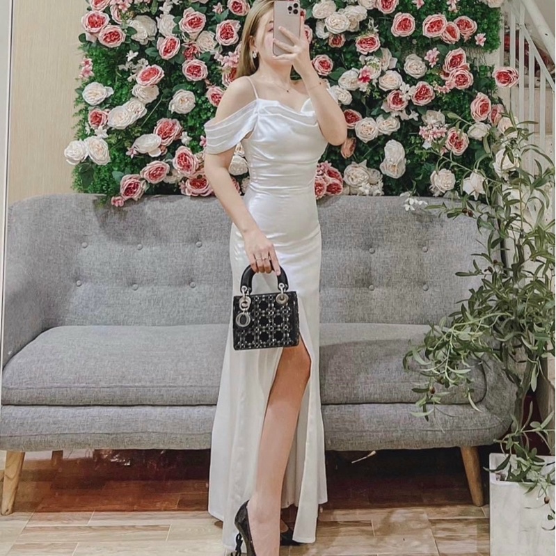 đầm dự tiệc dạ hội lụa trễ vai tiểu thư maxi dự tiệc cưới sang chảnh