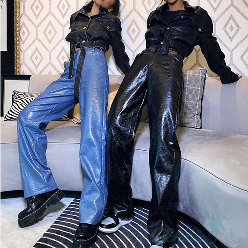 Quần da ống rộng lưng cao phối túi thời trang xuân thu dành cho nữ