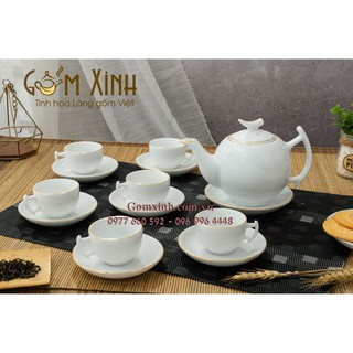 Bộ bình trà Bát Tràng_Bộ ấm chén Bưởi cành viền vàng kim