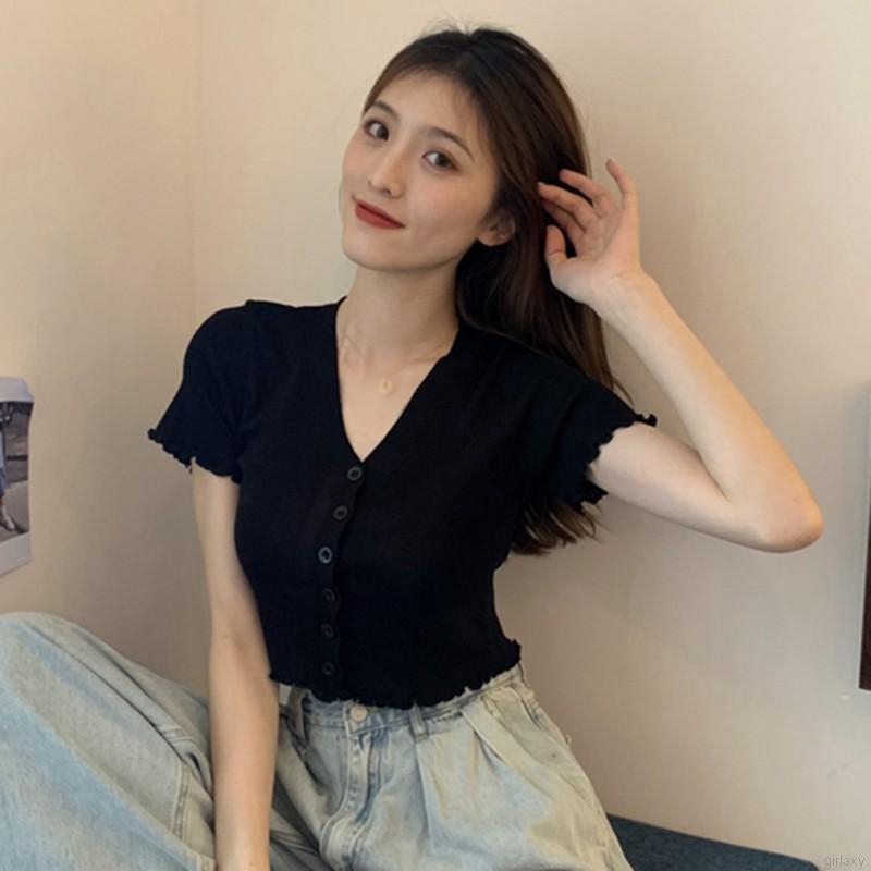 Áo thun tay ngắn cổ chữ V phối nút xinh xắn phong cách Hàn Quốc
