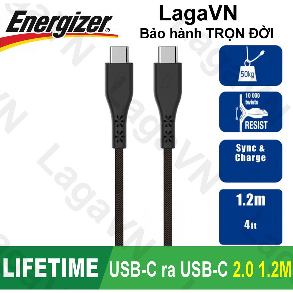 Cáp sạc Type C Energizer USB C ra USB C 2.0 dài 1.2m - LIFETIME WARRANTY - C41C2CGBKM