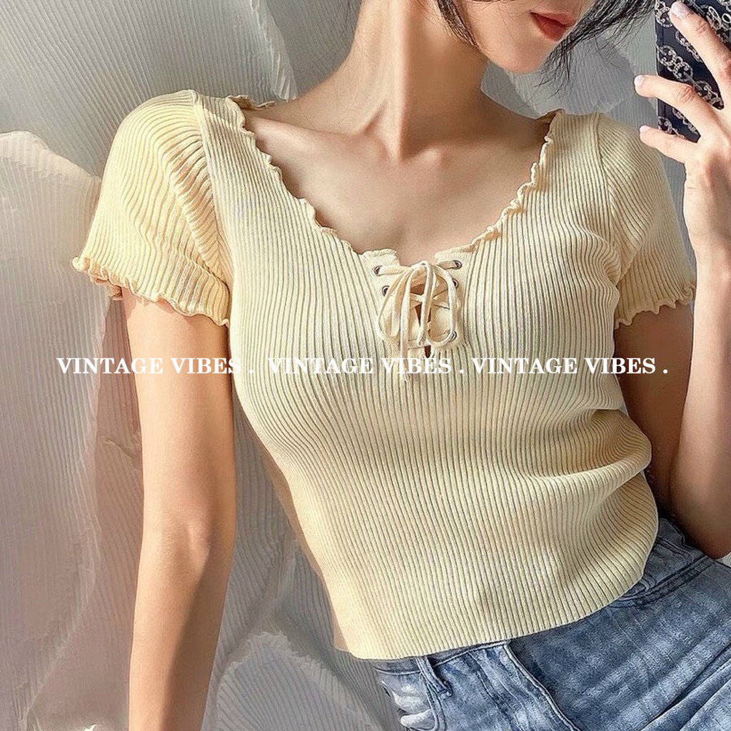 Áo babydoll len đan cổ xỏ dây xinh đẹp (hàng QC) - Ảnh thật cận chất