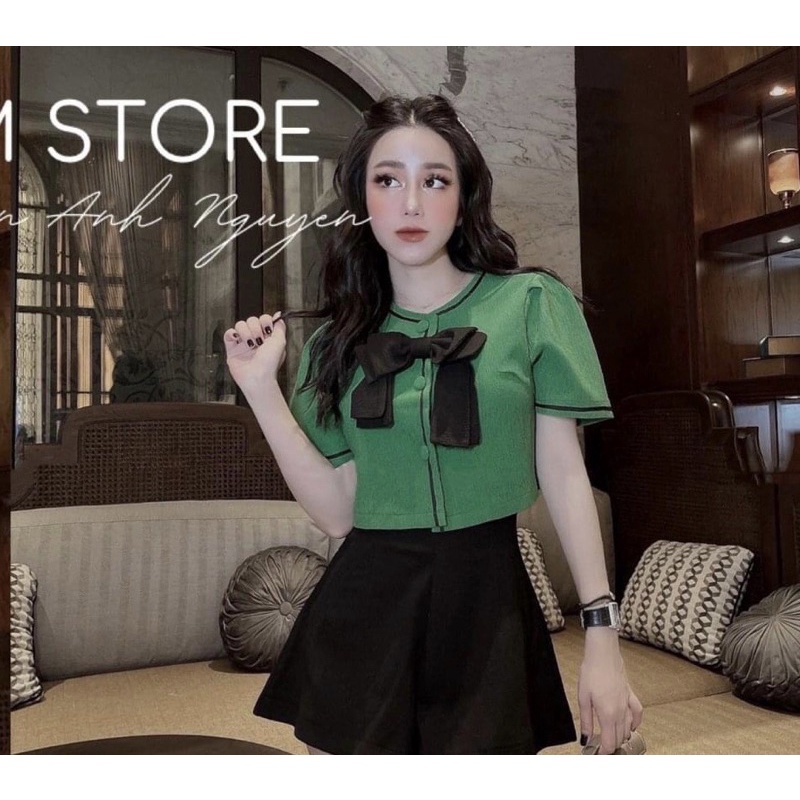 Set áo gấm nơ quần đen croptop đi chơi du lịch