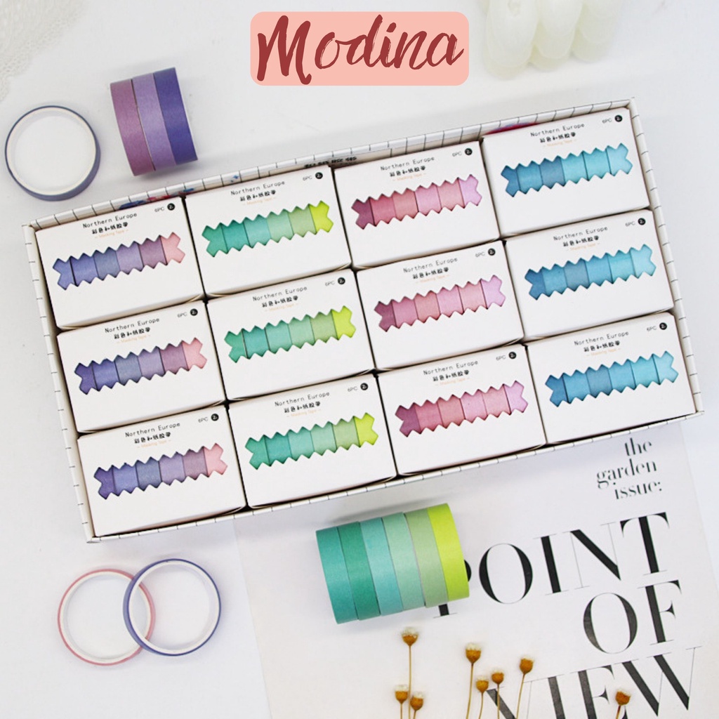 Set 6 cuộn băng washi tape màu trơn morandi, washi tape MODINA đặc biệt giá rẻ