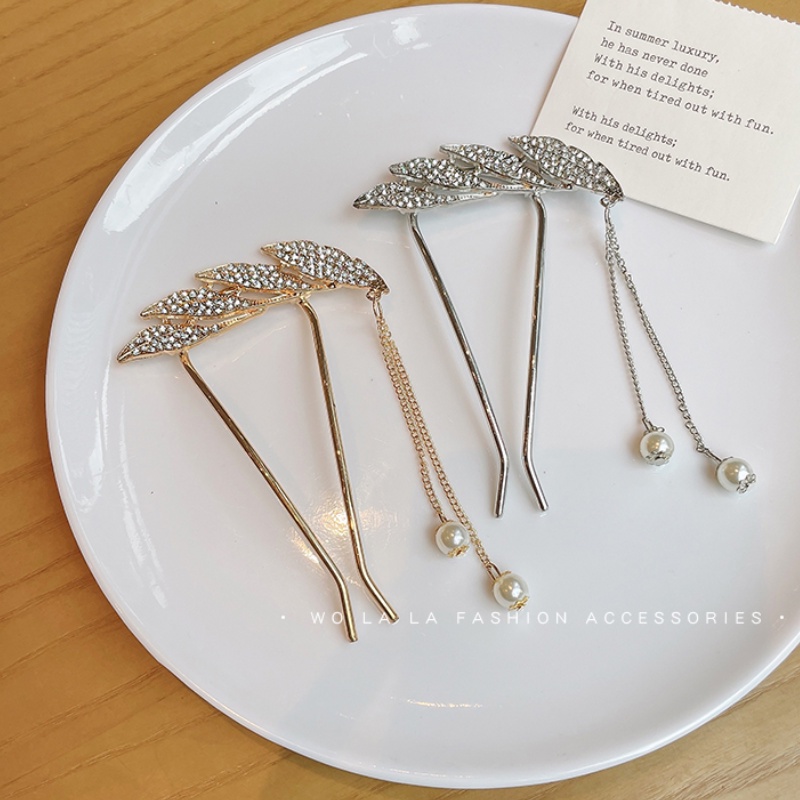 Kẹp tóc hình chiếc lá đính đá và ngọc trai nhân tạo thời trang Hàn Quốc