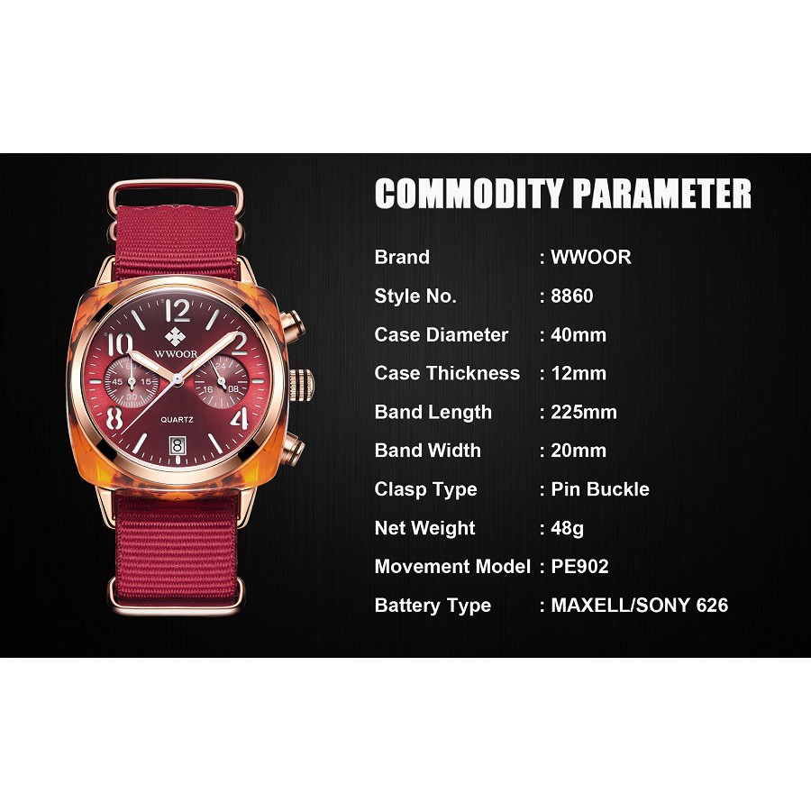Đồng hồ WWOOR 8860 máy quartz chức năng chronograph phối dây đeo nylon hợp thời trang cho nữ