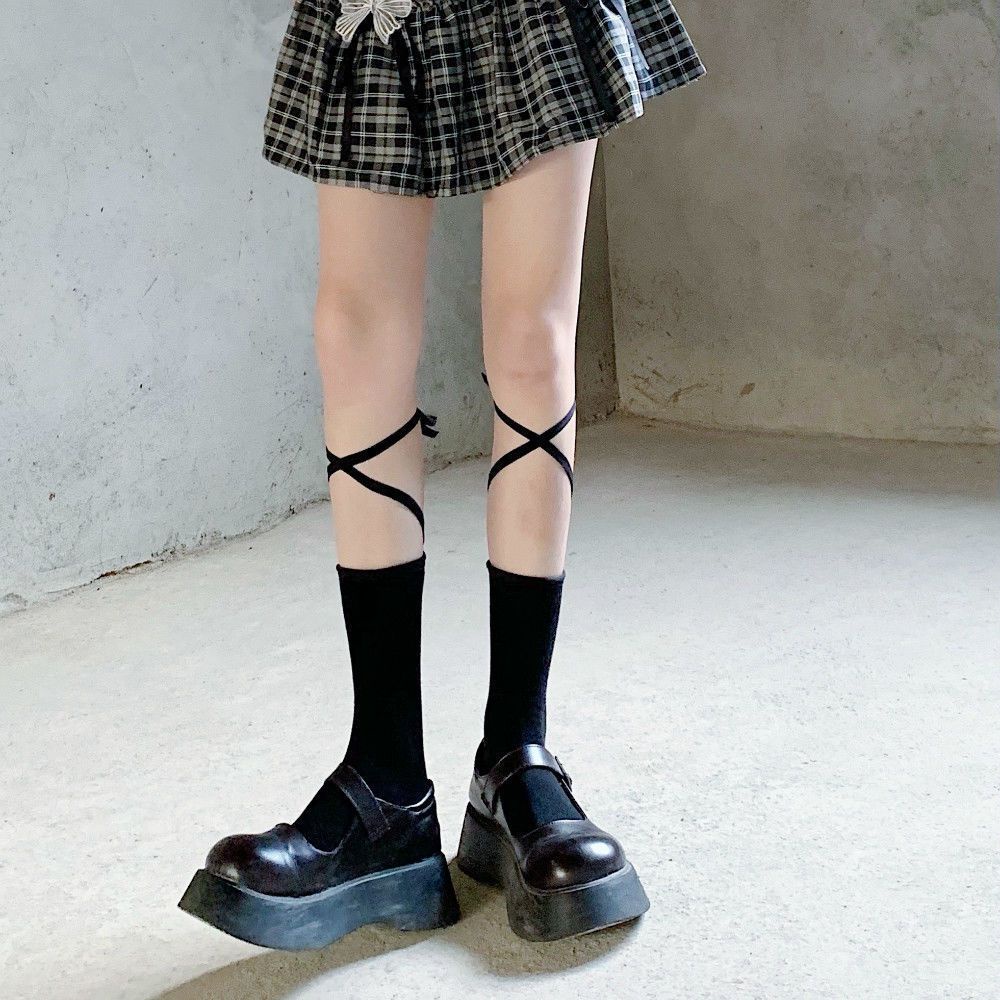 Vớ Cotton Dài Qua Gối Thiết Kế Dây Cột Chéo Phong Cách Lolita Nhật Bản Dễ Thương Cho Nữ