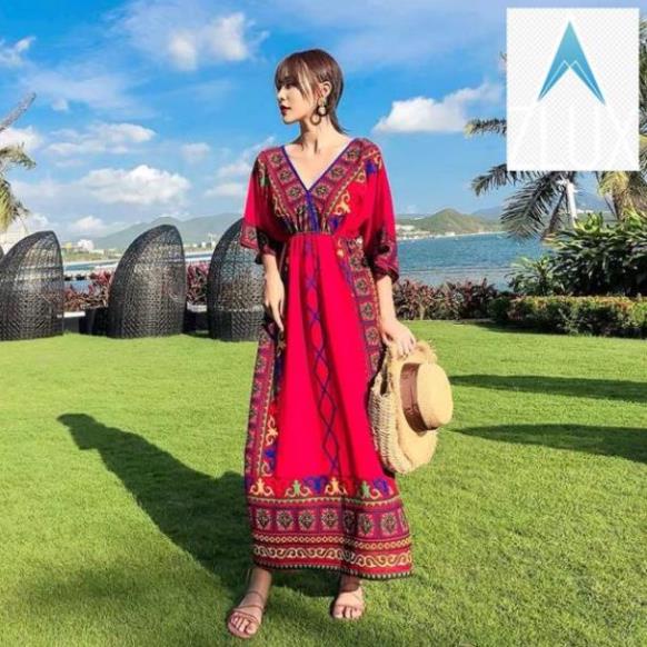 (sẵn xanh) Váy thổ cẩm boho màu xanh, đỏ dáng maxi dài tay loe bo chun eo siêu xinh .