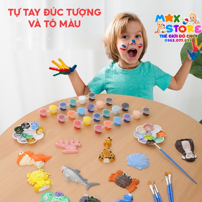 Đồ Chơi DIY Tô Tượng Thạch Cao Tự Tạo Hình Con Vật Cho Bé Từ 2 Tuổi Kèm Khuôn, Màu Vẽ, Cọ Vẽ Nhiều Chủ Đề Xinh Xắn