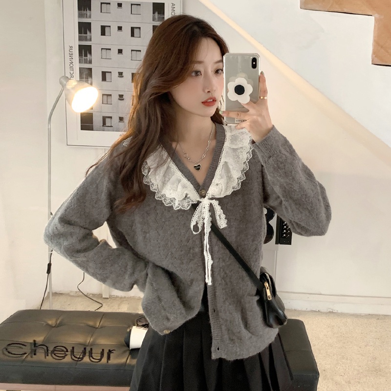 Áo len dài tay màu xám đậm của phụ nữ phong cách Nhật Bản nhẹ nhàng thiết kế áo khoác len cardigan
