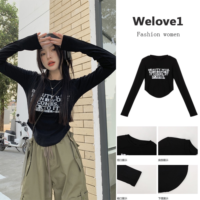 QOEDDV Áo Thun Tay Dài Dáng Ngắn Màu Đen Phong Cách Retro Dành Cho Nữ