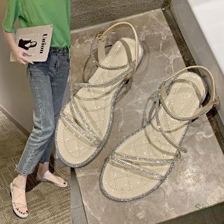 Dép Nữ Mùa Hè 2022 Cổ Tích Một Từ Dây Đeo Kim Cương Giả Đế Bằng Trong Suốt Bên Ngoài Mặc Dép Nữ Phù Hợp Với T