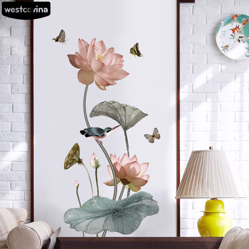 Miếng dán tường hình hoa sen chống mòn dễ lắp đặt trang trí phông nền