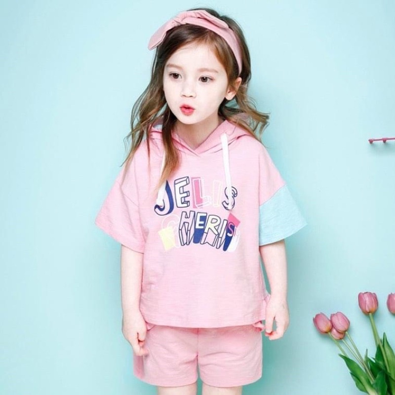 Bộ Hè Hoodie Bé Gái JELISPOON Hồng