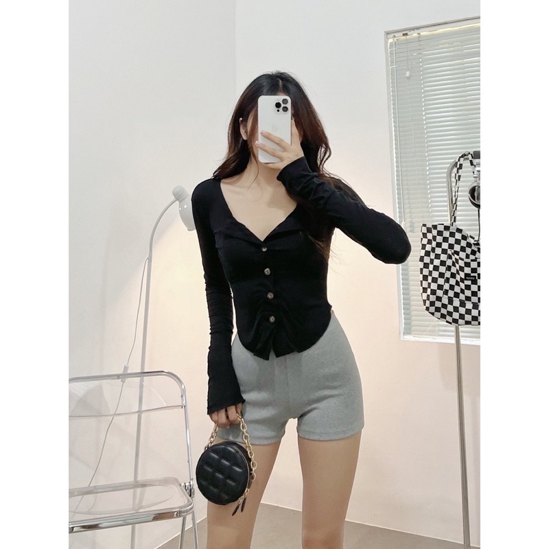Áo Croptop Cardigan dài tay vạt bầu chất thun gân mỏng co giãn A006