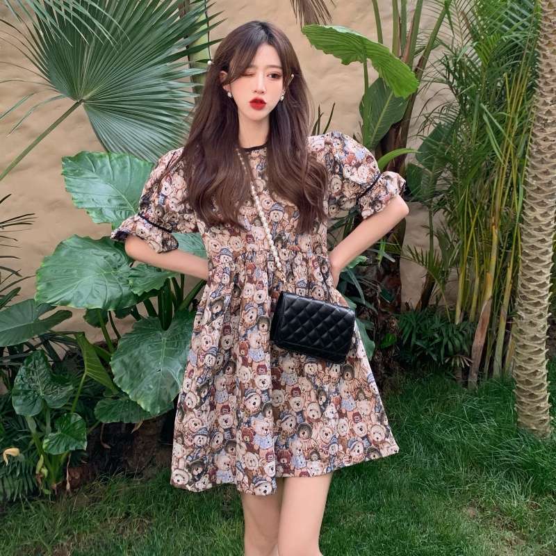 Đầm PERTY dáng ngắn rộng in họa tiết gấu hoạt hình phong cách Hàn Quốc xinh xắn dành cho nữ