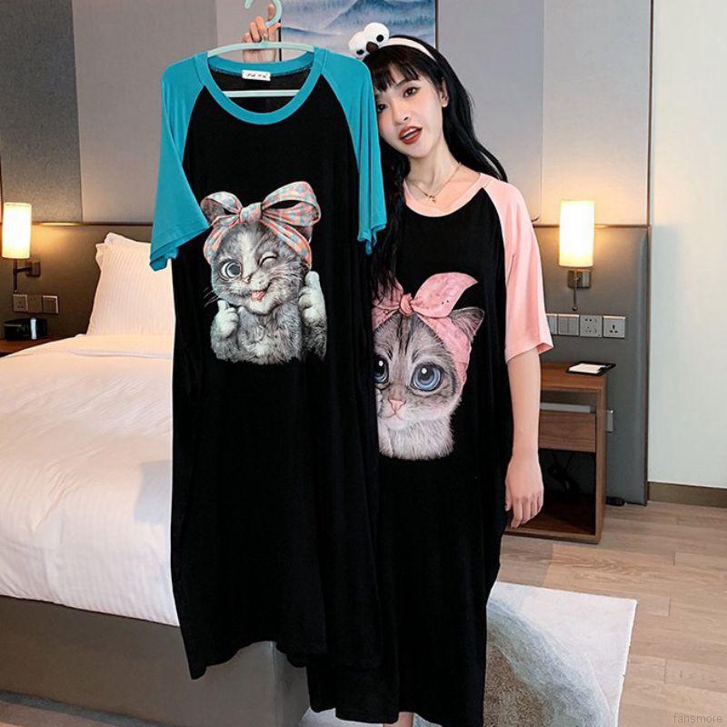 Đầm thun suông tay ngắn in hình mèo xinh xắn thời trang cho nữ
