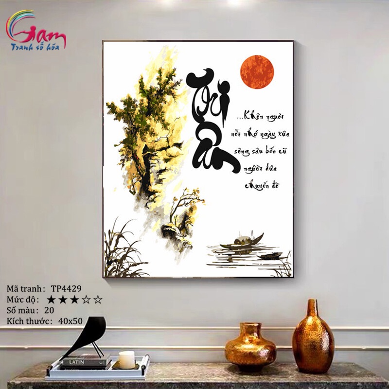 Tranh sơn dầu số hóa Gam tự tô màu chữ thư pháp Tri ân Thầy cô TP4429 40x50cm căng khung
