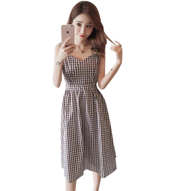 Đầm caro hai dây