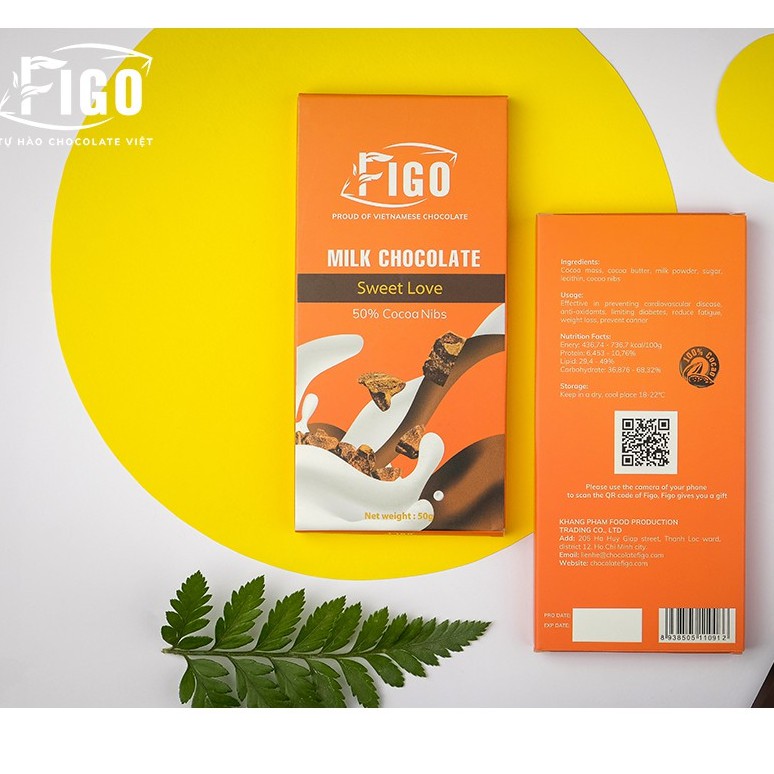 [Chính hãng] Socola sữa 50% Cacao nhân Cacao Nibs Thương hiệu ChocolateFigo | Milk Chocolate Nibs Thanh 50gr ĂN LÀ NGHỀN