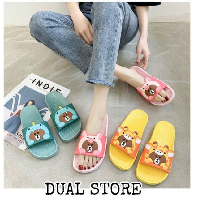 [GIÁ HỦY DIỆT] DÉP LÊ NỮ QUAI NGANG SIÊU CUTE ÊM BỀN DÉP in hình gấu BROWN và thỏ CONY Sticker Hàn Quốc dép đi trong nhà