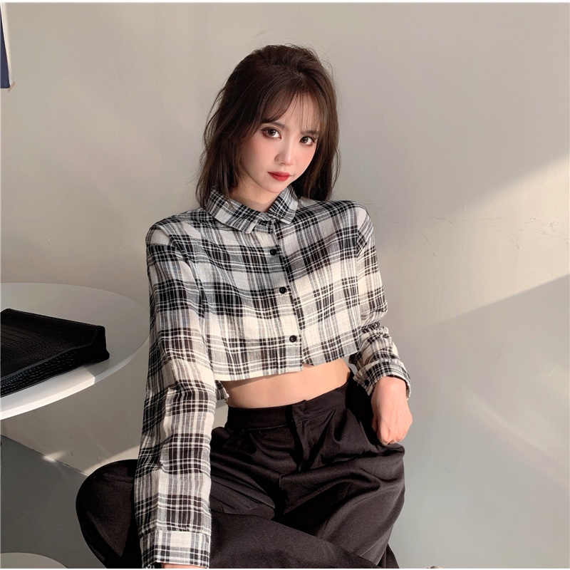 Áo sơ mi croptop tay dài dáng rộng kẻ sọc kiểu cổ điển Hàn Quốc cho nữ