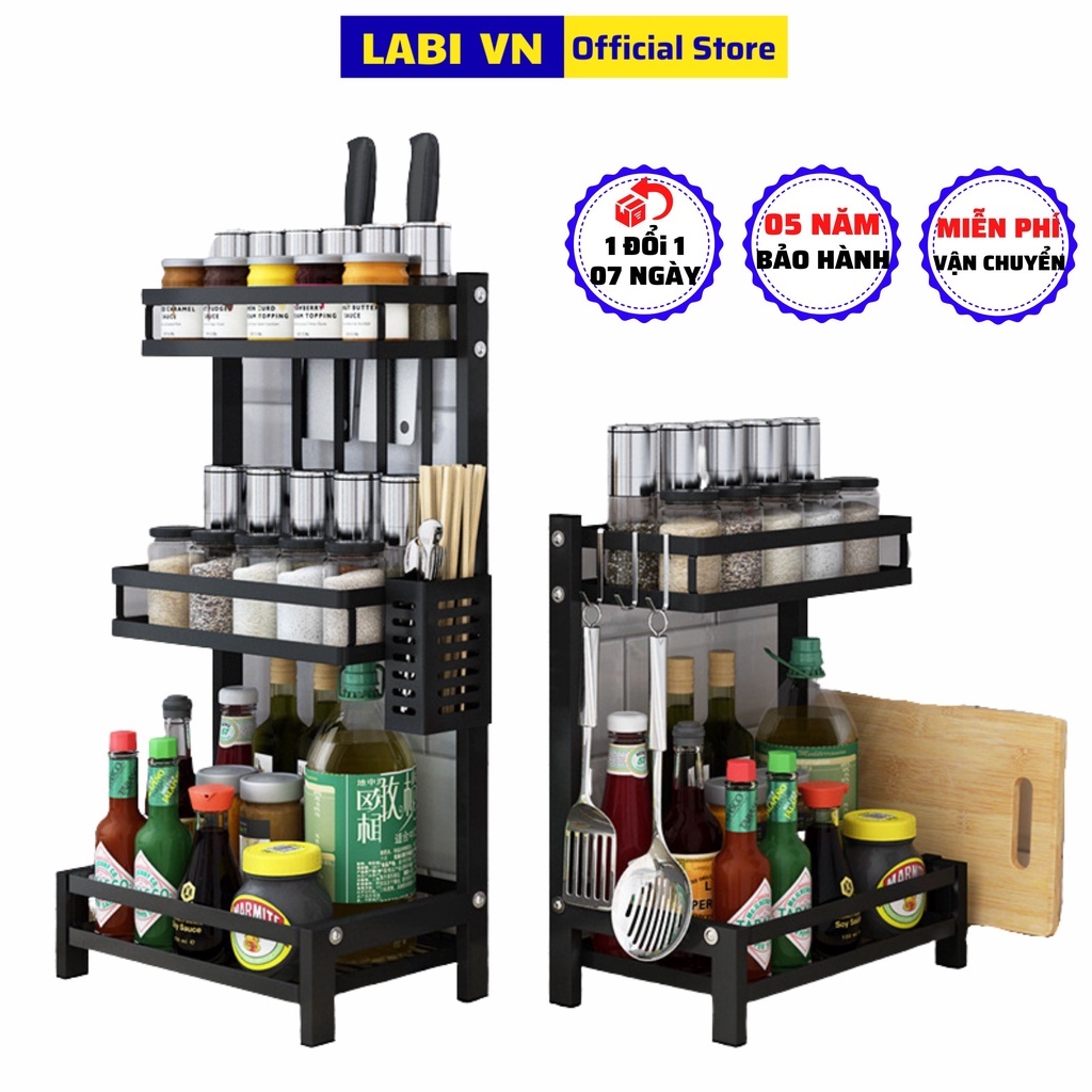 Kệ Gia Vị 3 Tầng LABI VN LB069 Đa Năng Tặng Kèm Rổ Đũa và Giá Đỡ Thớt - Hàng Chính Hãng
