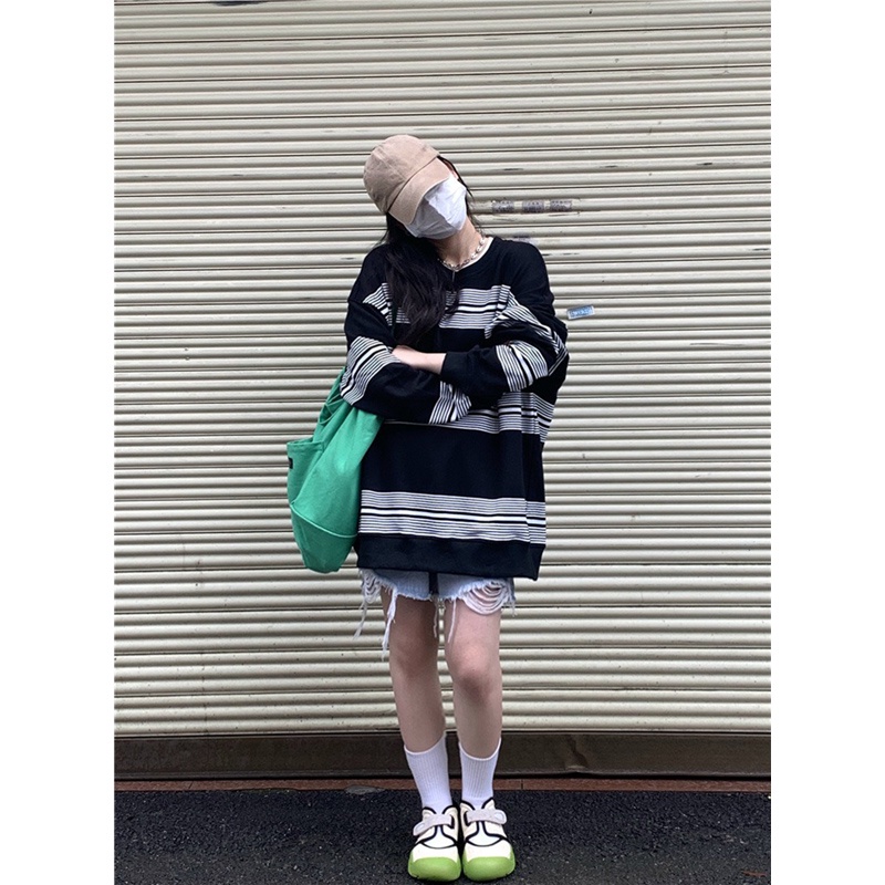 Áo sweater nữ form rộng hàn quốc 2021, áo sweater nữ nỉ dài tay sọc ngang đen trắng