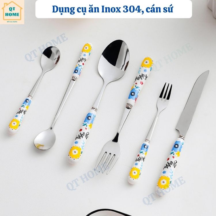 Thìa Muỗng Inox 304 Cán Sứ, Dĩa Nĩa Inox 304, Dao Ăn Inox 304, Đũa Sứ