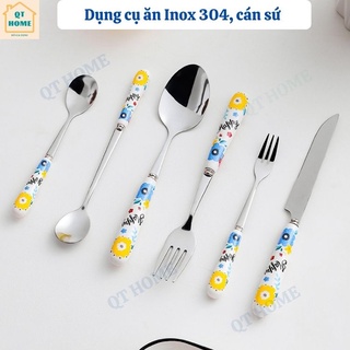 Thìa muỗng inox 304 cán sứ, dĩa nĩa inox 304, dao ăn inox 304, đũa sứ, họa tiết bông hoa