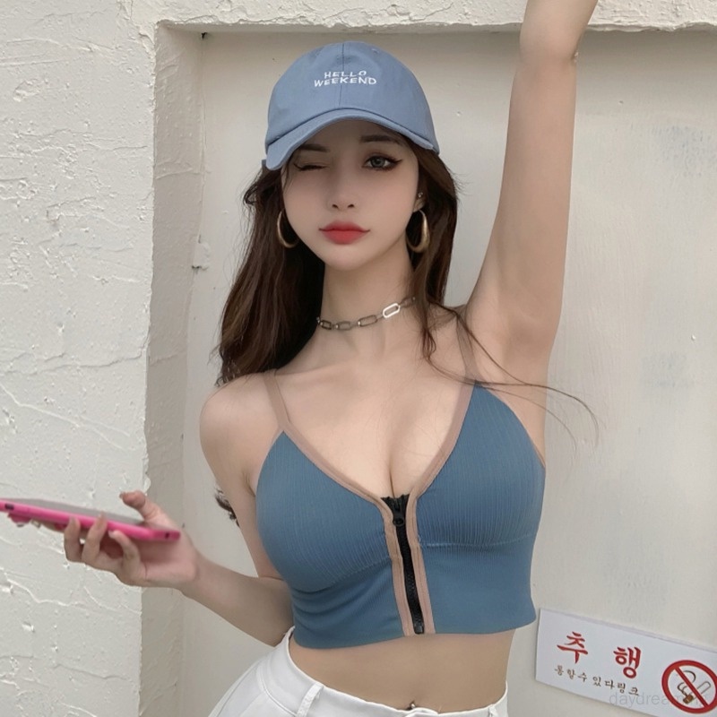 Áo Tank Top Sát Nách Cổ Chữ V Có Mút Đệm Phối Khóa Kéo Màu Sắc Tương Phản Thời Trang Cho