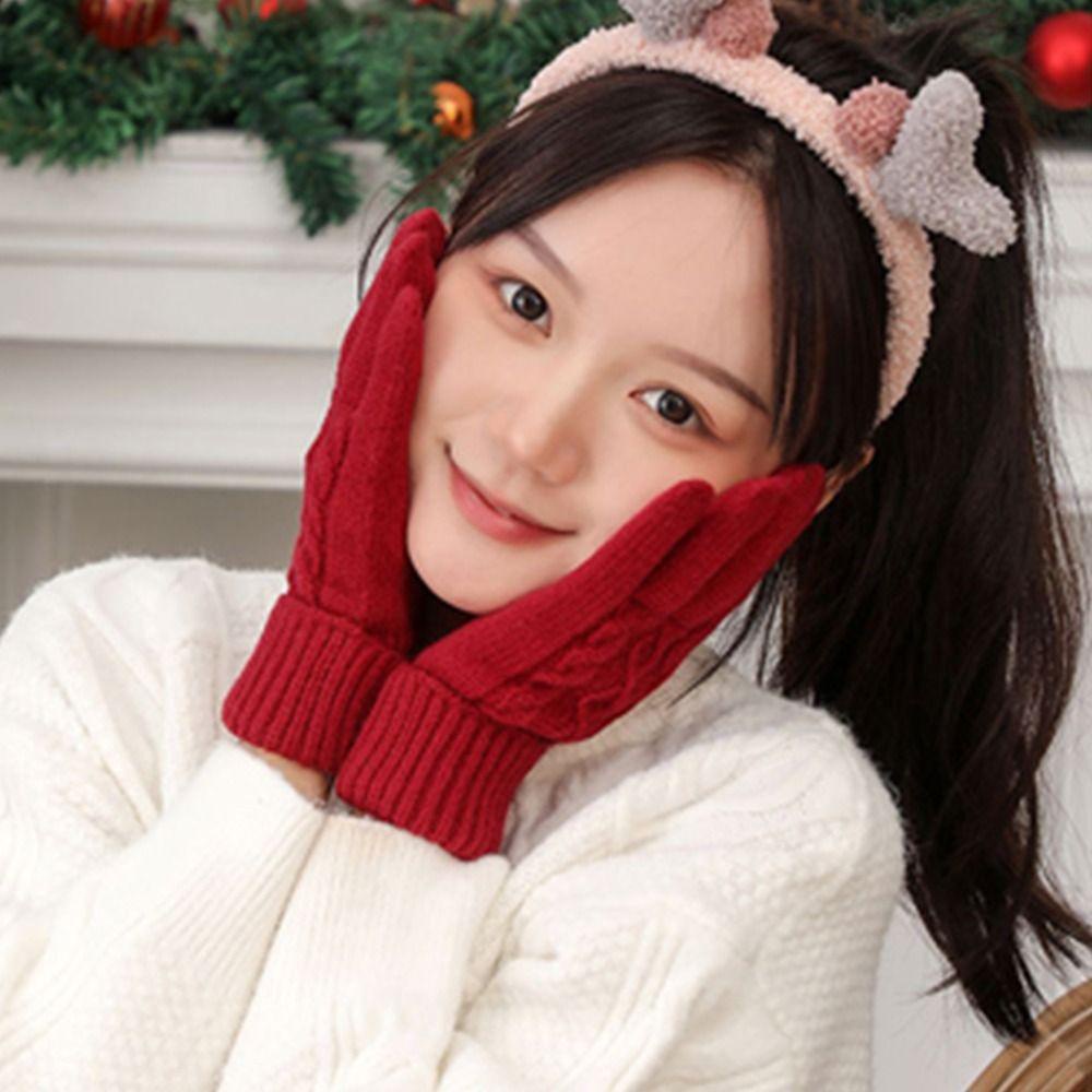 Găng Tay Dệt Kim Màu Ngà Chống Lạnh Thời Trang Có Thể Chạm Màn Hình Cảm Ứng