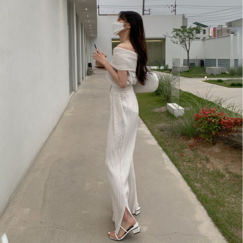 Lightly Mature off-Shoulder Pleated Top+Split Chiffon Wide-Leg Pants Fashion Socialite Elegant Outfit Women's Summer