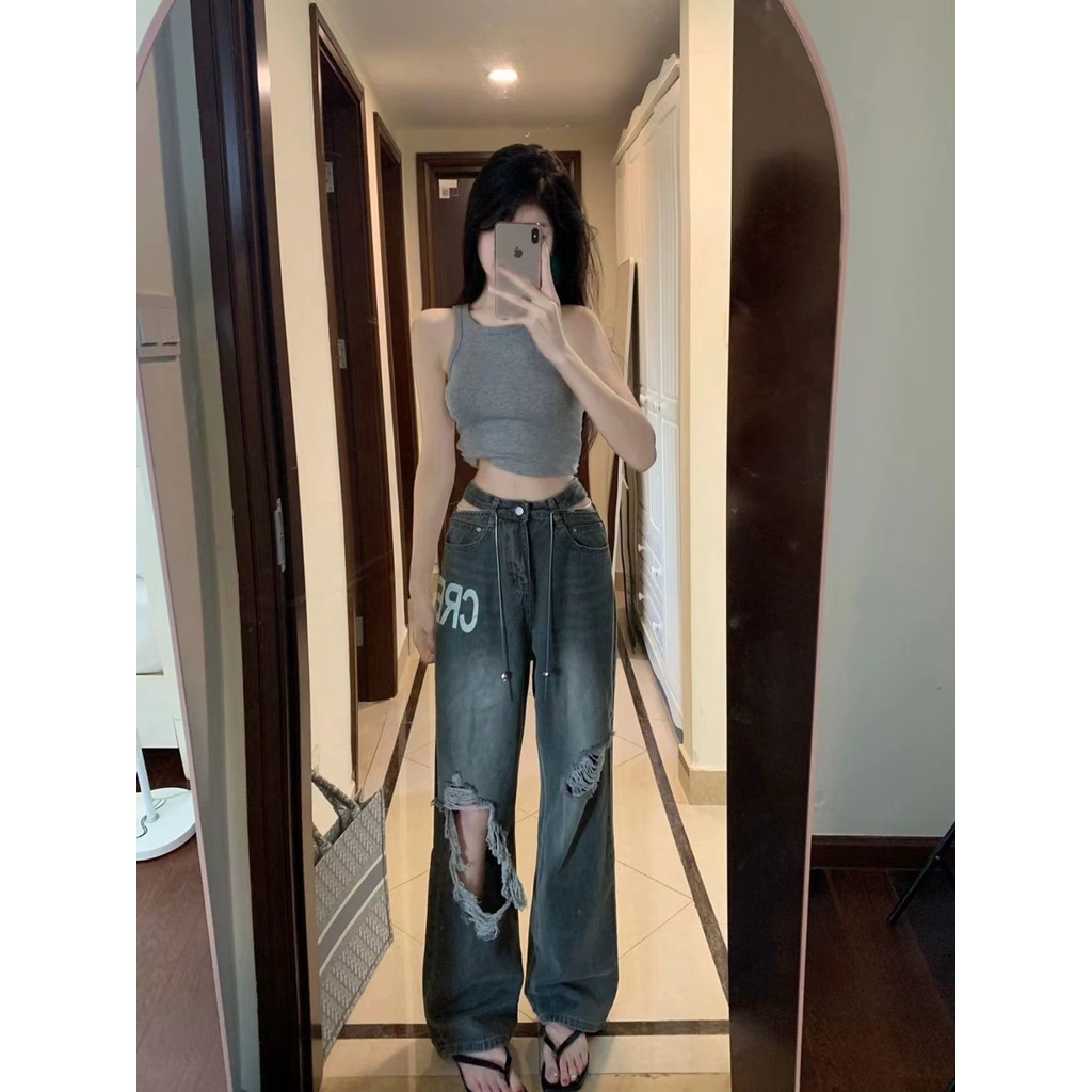 Quần jean rách JSC lưng cao ống rộng in chữ thời trang mùa hè cho nữ