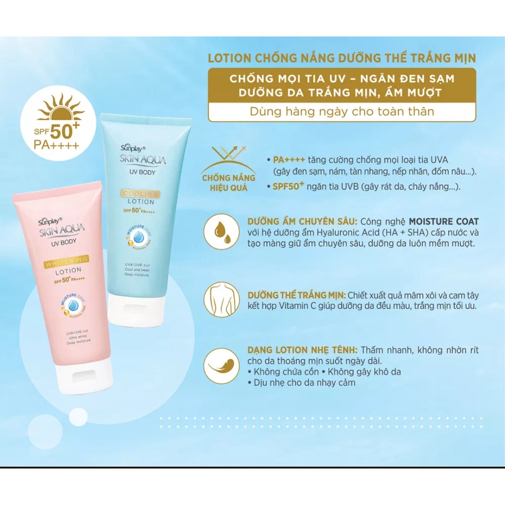 Kem chống nắng dưỡng thể trắng mịn Sunplay Skin Aqua UV Body Whitening Lotion SPF 50+ PA++++ (150g)