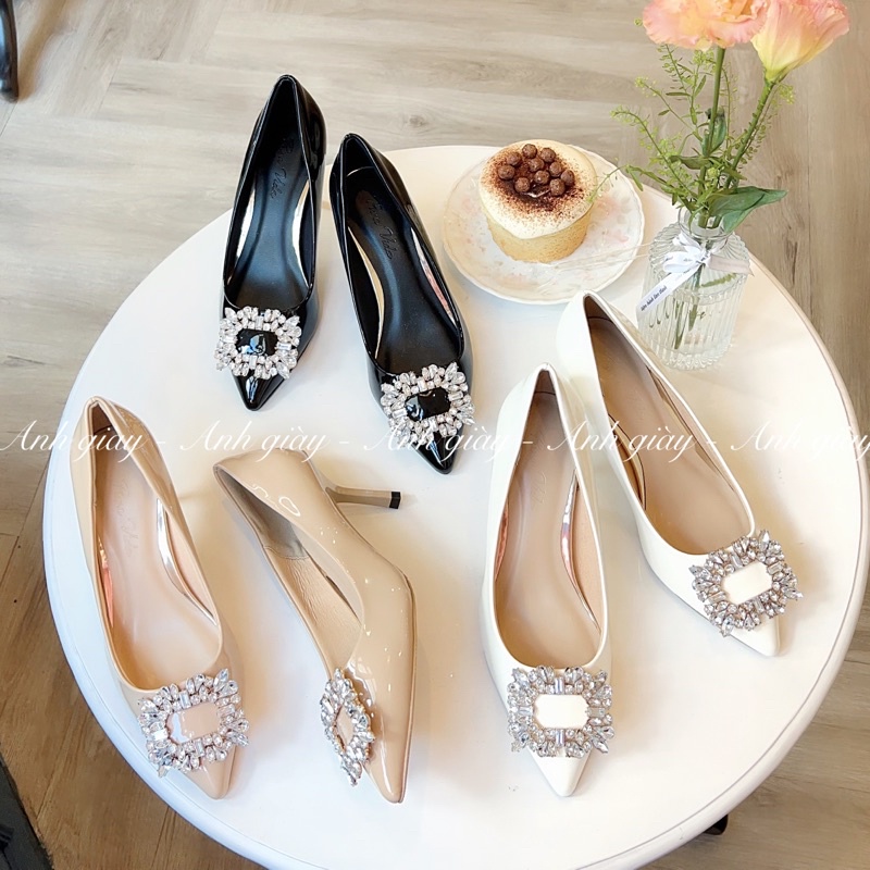 CG15 - Giày  cưới, giày cô dâu ,Giày cao gót da bóng gót nhọn 7p nơ khoá vuông đá siêu xinh, lót mút siêu êm chắc chân