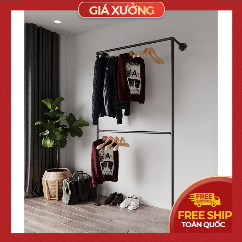 Giá treo quần áo bằng ống sắt, kệ ống nước gắn tường trang trí shop quần áo quán cafe (Tặng Kèm Tranh Gỗ)