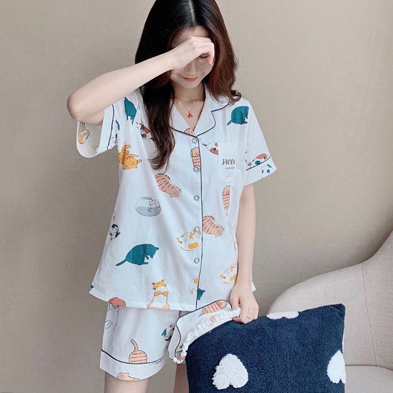 Bộ Đồ Ngủ Cotton Tay Ngắn In Hình Mèo Dễ Thương Thời Trang Mùa Hè Cho Nữ