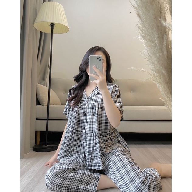 Bộ Pijama Chất Đũi Kẻ Dáng Babydoll Hàng Thiết Kế Cao Cấp Mặc Nhà