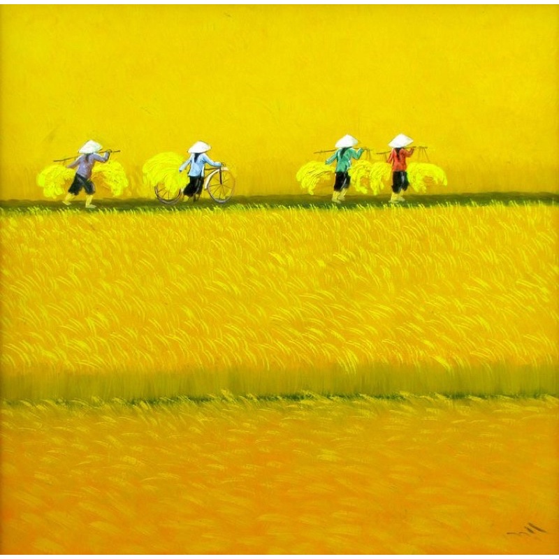 tranh sơn dầu- cánh đồng lúa chín kích thước 40x40cm ( có khung)