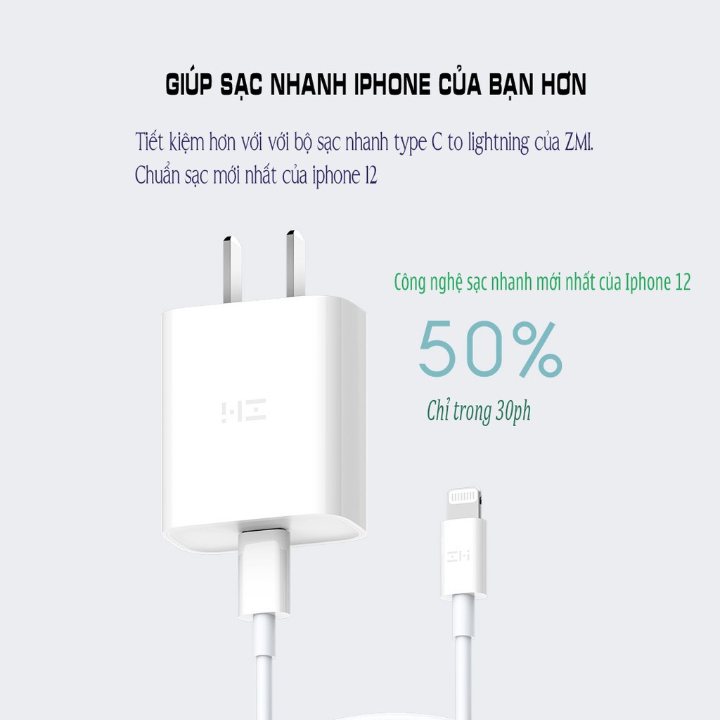 Củ Sạc Nhanh 20W Xiaomi Zmi Cổng Type C HA716 cho iPhone iPad Samsung IP 6 7 8 10 11 x xs max pro QC 3.0 cốc cóc