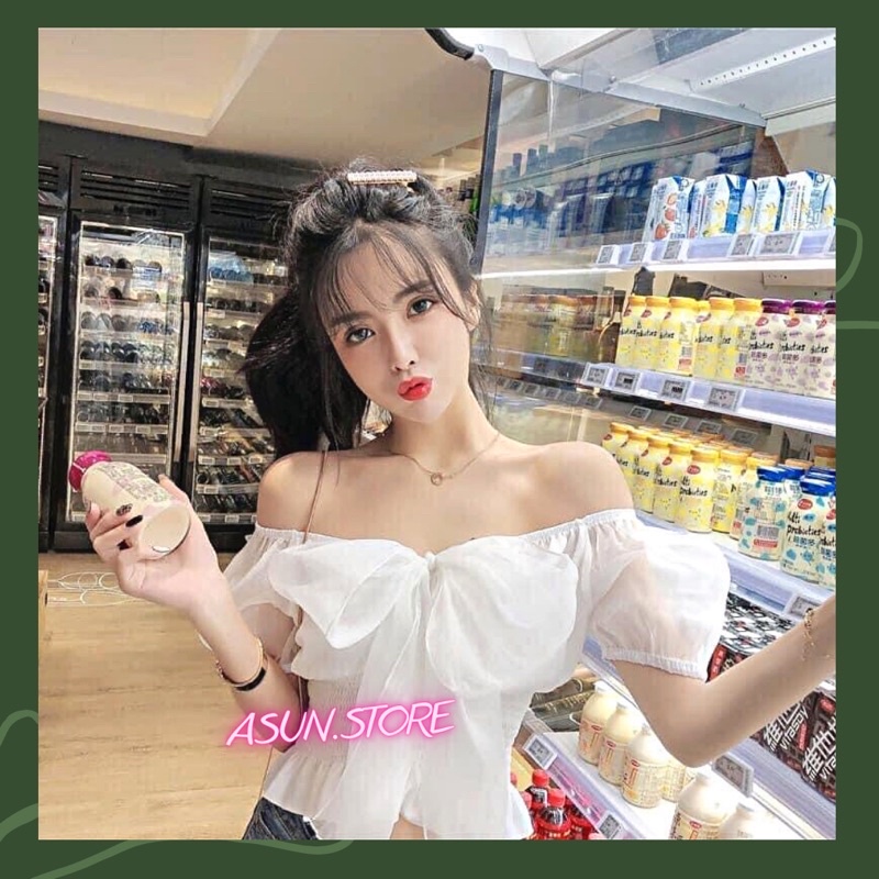 Áo trễ vai voan nơ 💋FREESHIP💋 áo bẹt vai hở vai voan thắt nơ bo eo dễ thương